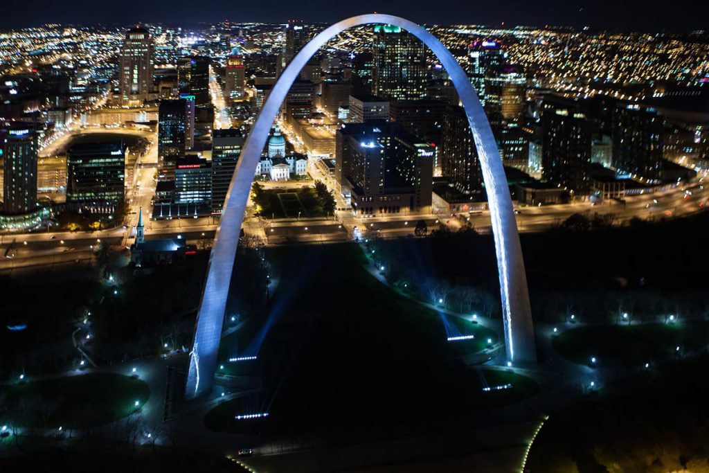 Aerial Photo of Gateway Arch at Night