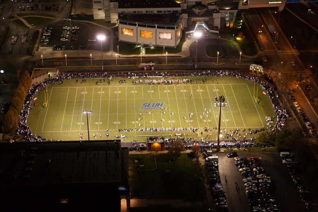 Helicopter Night Aerial Photo of Football Game